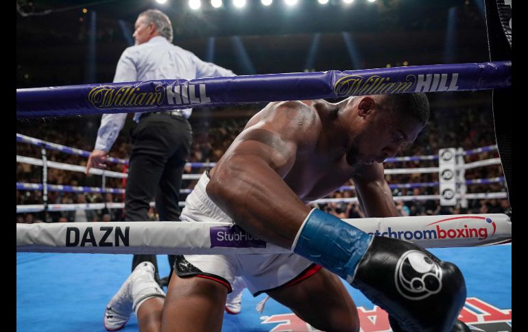 Joshua tras caer recuerda en esta imagen la derrota de Tyson ante Douglas. AFP