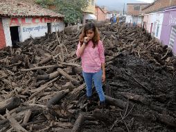 Una joven permanece entre la empalizada arrastrada por el afluente de un río, luego de las fuertes lluvias en San Gabriel. EFE / F. Guasco