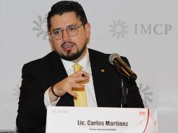 El director general del Instituto del Infonavit, Carlos Martínez Velázquez, ofreció algunas palabras en la firma del convenio con el Instituto Mexicano de Contadores Públicos. NTX/G. Granados