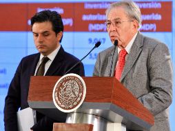 Jorge Alcocer, Secretario de Salud y Zoé Robledo, Director del Seguro Social, durante la conferencia matutina del presidente Andrés Manuel López Obrador. NTX/J. Lira
