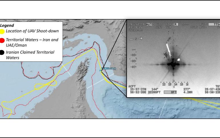 Fotografía cedida por el Departamento de Defensa muestra la trayectoria de vuelo y diagrama del RQ-4A que habría sido derribado por Irán este jueves en el Estrecho de Ormuz. EFE/Departamento de Defensa