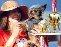Darlene Wright sostiene cariñosamente a Scamp, el perro ganador de la edición 2019. AFP/J. Edelson