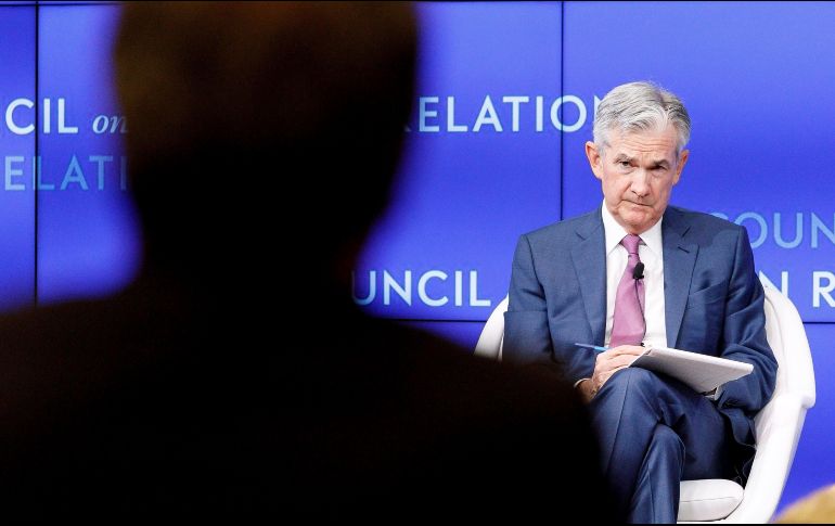 El presidente de la Reserva Federal (Fed) estadounidense, Jerome Powell, ofrece una conferencia en el Council Foreign Relations de Nueva York. EFE/J. Lane
