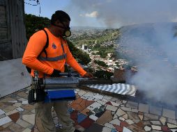 Ciudadanos salen de casa con sus mascotas en brazos mientras brigadistas fumigaban sus hogares con máquinas de mano. AFP / O. Sierra