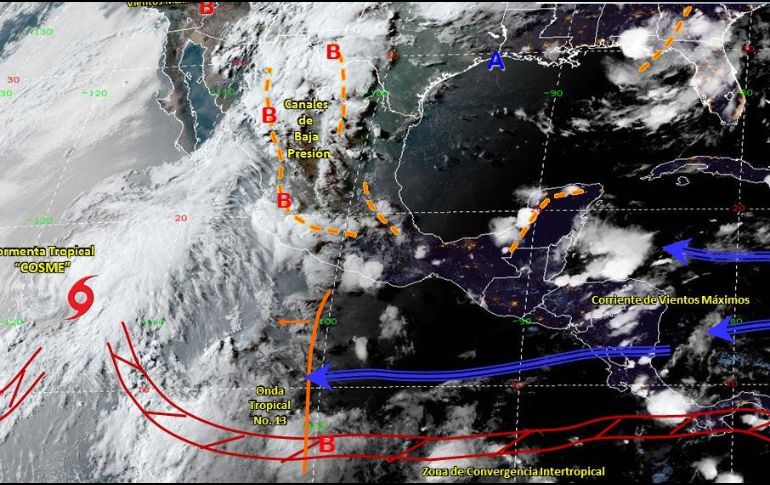 En las próximas horas se prevén lluvias puntuales intensas en zonas de Jalisco con posible actividad eléctrica y granizadas, así como fuertes vientos. ESPECIAL/CONAGUA