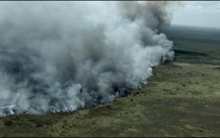 Autoridades estatales y federales apoyan en el combate al incendio en la Reserva de Sian Ka'an. TWITTER@CONANP_mx