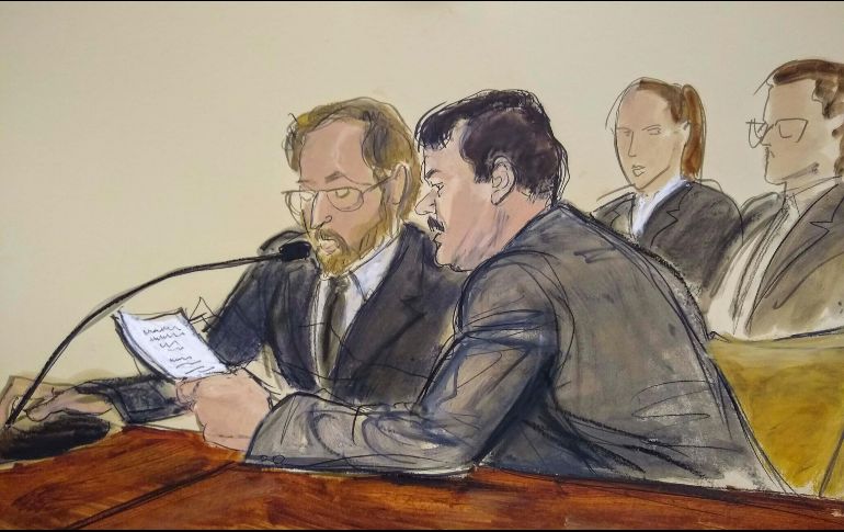 Ilustración de Joaquín Guzmán en su presentación de hoy en la corte de Nueva York. En el sitio no se permiten fotografías. AP/Elizabeth Williams