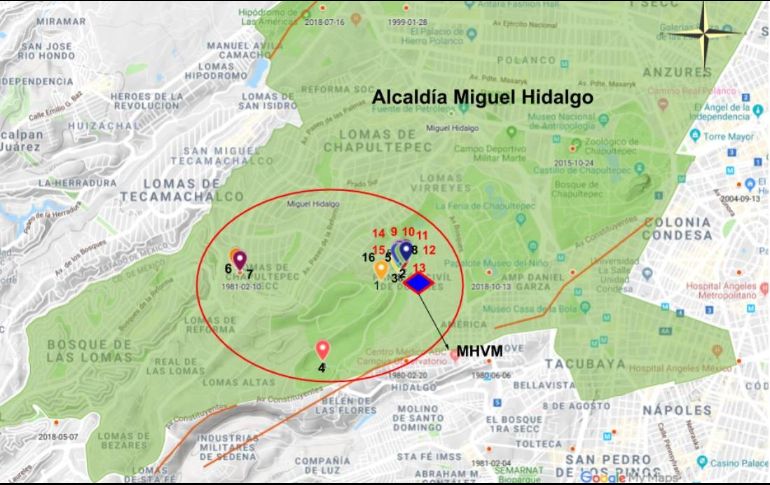 Un total de 17 de los 18 sismos se registraron en la alcaldía Miguel Hidalgo. Imagen de los epicentros de los episodios del 12 al 17 de julio. ESPECIAL/SSN