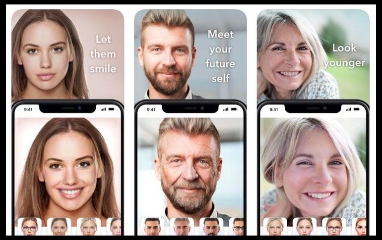 FaceApp ofrece varios filtros para editar el rostro, entre ellos el del envejecimiento facial (centro). FACEAPP