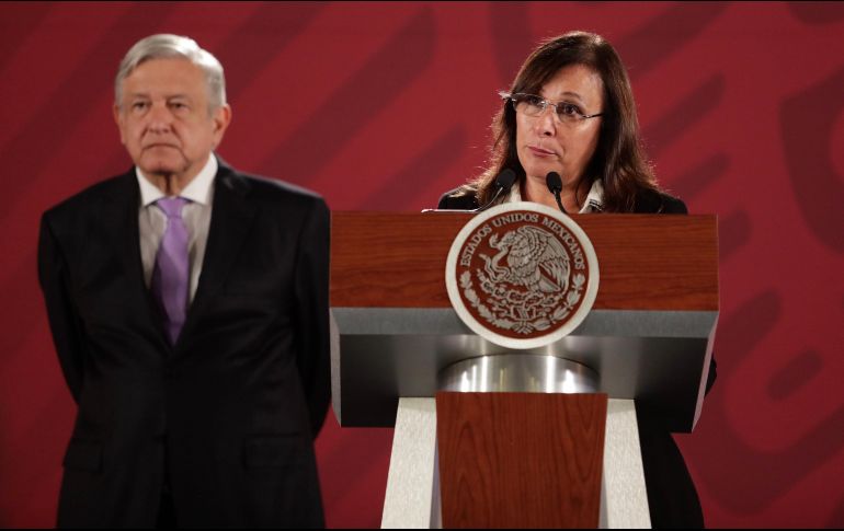 Rocío Nahle, secretaria de Energía, durante la conferencia matutina del presidente Andrés Manuel López Obrador en Palacio Nacional. SUN/I. Stephens
