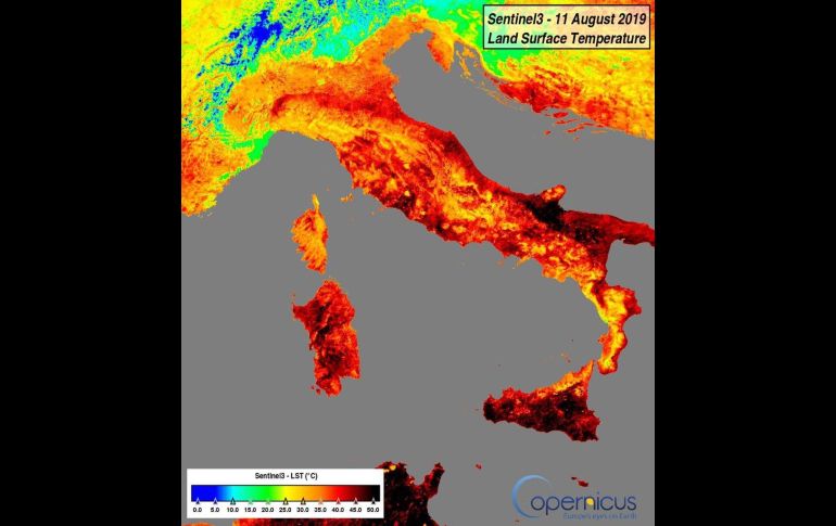 La imagen de Italia captada el domingo por el satélite Sentinel 3 del programa Copérnico. TWITTER@esa