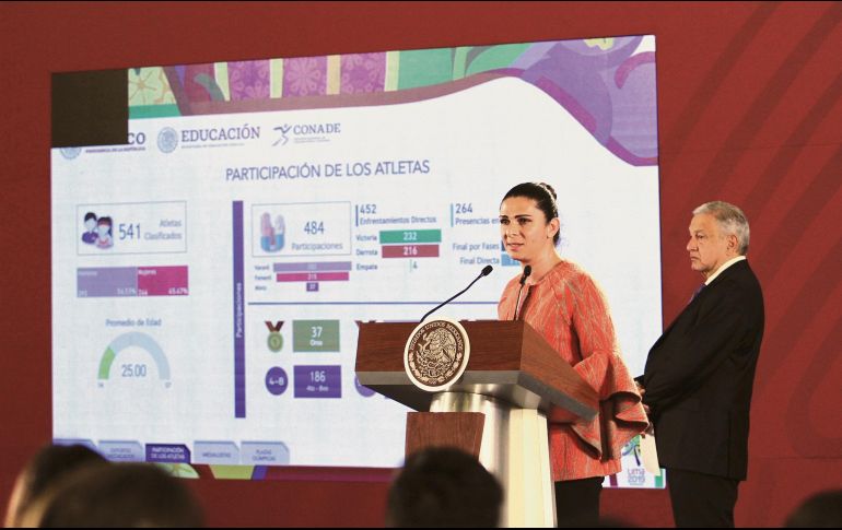 Ana Guevara presenta los resultados de los Juegos Panamericanos al Mandatario Andrés Manuel López Obrador. NOTIMEX