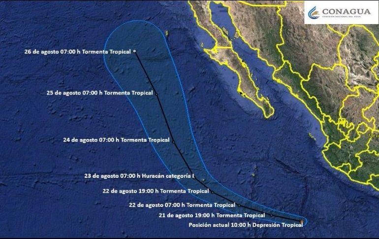 La depresión tropical 10-E se ubica a 515 kilómetros al suroeste de Manzanillo, con vientos máximos sostenidos de 55 kilómetros por hora. TWITTER / @conagua_clima