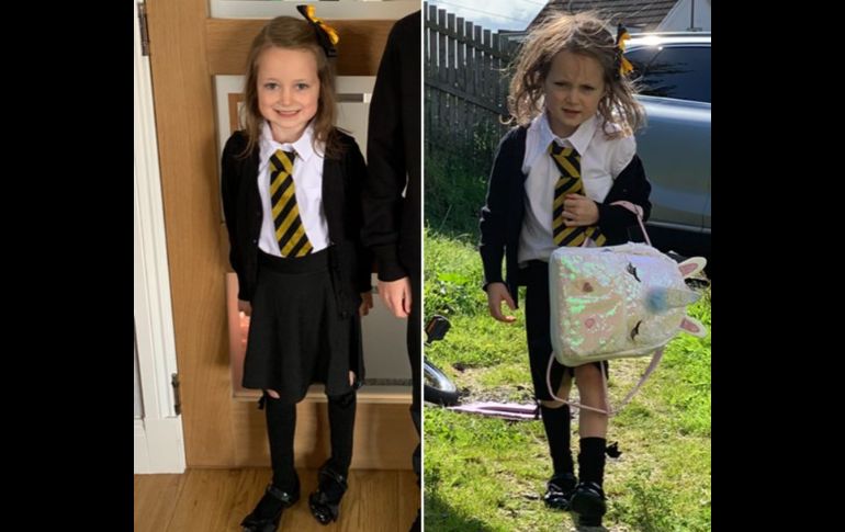 El antes y el después de Lucie en su primer día de escuela. Ella declaró que no hizo mucho durante el día.