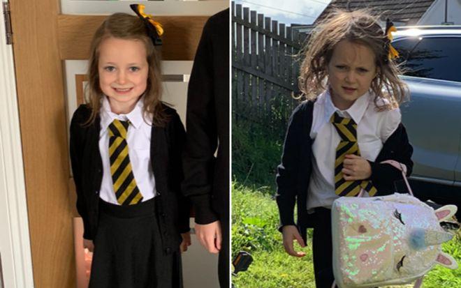 El antes y el después de Lucie en su primer día de escuela. Ella declaró que no hizo mucho durante el día.