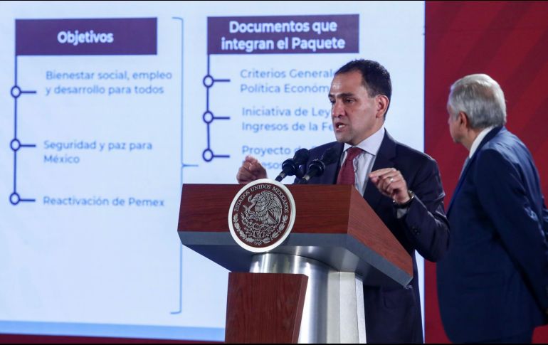 El secretario de Hacienda, Arturo Herrera, expone el PEF 2020 en la conferencia mañanera del Presidente López Obrador. SUN/S. Sánchez