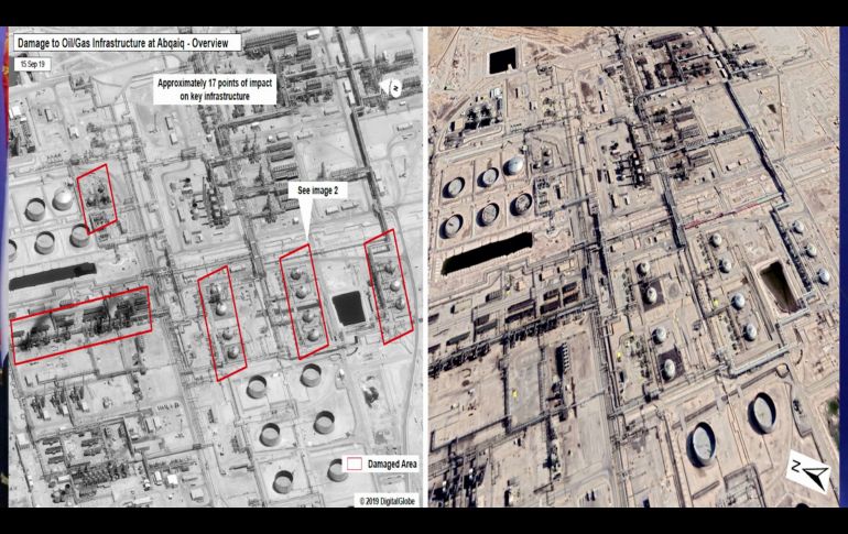 Esta imagen muestra una vista áerea de la zona atacada (izquierda) y cómo se encontraba antes del ataque (derecha). AFP / Al-Huthi Group Media Office