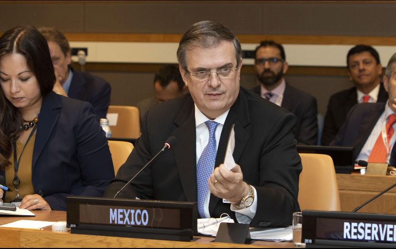 El secretario de Relaciones Exteriores, Marcelo Ebrard, habla durante la reunión ministerial del Grupo de Amigos de las Víctimas del Terrorismo este martes, en la sede de la ONU. EFE/M. Rajmil
