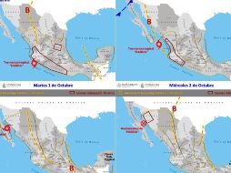 El ciclón se localiza a 210 kilómetros al sur de Acapulco, Guerrero, y a 275 kilómetros al oeste-suroeste de Lagunas de Chacahua, Oaxaca. ESPECIAL/CONAGUA