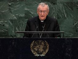 Fotografía cedida por la ONU donde aparece el secretario de Estado vaticano, Pietro Parolin, mientras habla ante la Asamblea General este sábado. EFE/CORTESÍA