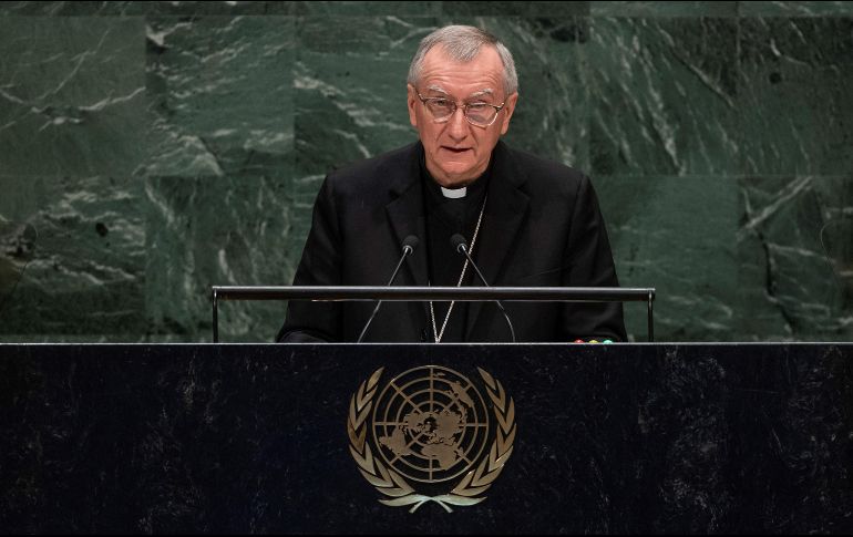 Fotografía cedida por la ONU donde aparece el secretario de Estado vaticano, Pietro Parolin, mientras habla ante la Asamblea General este sábado. EFE/CORTESÍA
