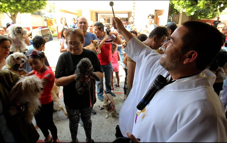 Cargando sus perros, pericos y hasta tortugas en cubetas de agua, los feligreses se congregaron en la parroquia San Francisco de Asís. AFP/U. Ruiz