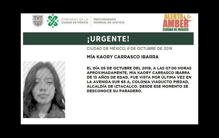 Mía Kaory Carrasco Ibarra, de 13 años, es una de los cinco menores desaparecidos en Iztacalco. TWITTER@PGJDF_CDMX