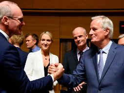 El canciller irlandés Simon Coveney (i) y el negociador europeo Michel Barnier  (d) se saludan hoy, durante una reunión en Luxemburgo. AFP/J. Thys