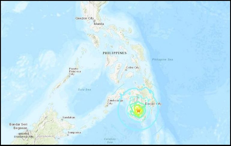 El temblor tuvo su epicentro a unos 8 kilómetros de Columbio, Mindanao, a una profundidad de apenas 14 kilómetros. ESPECIAL/earthquake.usgs.gov