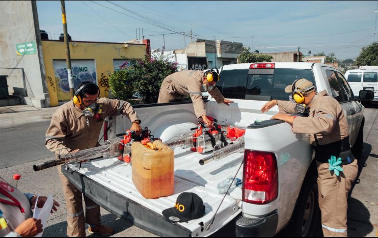 Un grupo de trabajadores se prepara para eliminar mosquitos transmisores del dengue. EL INFORMADOR/G. Gallo