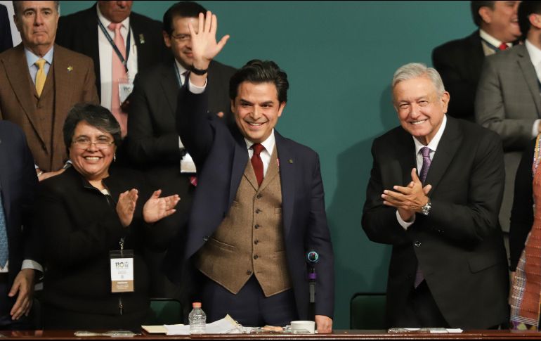 El Presidente Andrés Manuel López Obrador y Zoé Robledo, Titular del Instituto Mexicano del Seguro Social, durante la 110 Asamblea General Ordinaria del IMSS. NTX/G. Durán