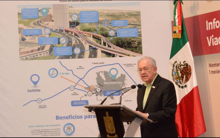 Javier Jiménez Espriú, secretario de Comunicaciones y Transportes, durante el Informe de arranque del Viaducto elevado Santa Catarina en Nuevo León. SUN