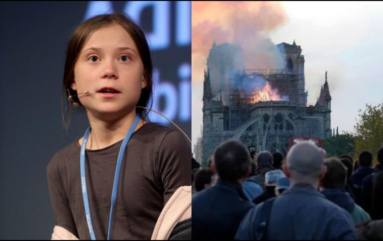 Greta Thunberg (izq,) es una activista sueca de 16 años; Notre Dame se incendió el 15 de abril.  ESPECIAL