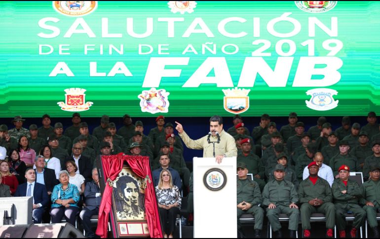 El presidente de Venezuela, Nicolás Maduro, habla durante una ceremonia con las Fuerzas Armadas este sábado en Fuerte Tiuna, en Caracas. ESPECIAL/Palacio de Miraflores