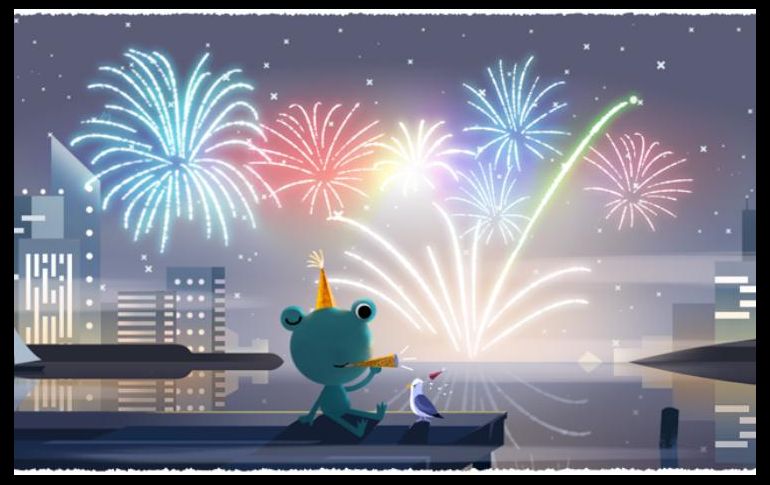 Este aparece la rana posando junto a un ave, vistiendo un gorro de fiesta mientras la ciudad se ilumina por los fuegos artificiales con los colores de cada letra del logo. ESPECIAL / google.com