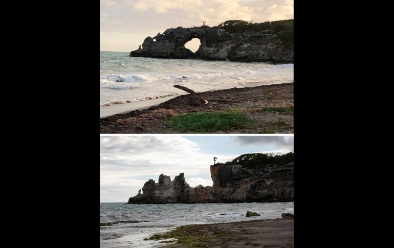 El sismo del lunes destruyó una formación rocosa en la costa que formaba una ventana circular, conocida como Punta Ventana y que era un popular destino turístico en Guayanilla. Antes (arriba) y ahora (abajo). AP/ARCHIVO y AP/J. Ramírez
