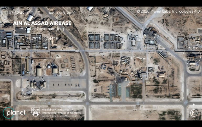 los daños sobre al menos cinco instalaciones en la base aérea Al Asad. EFE/Planet/Middlebury Institute