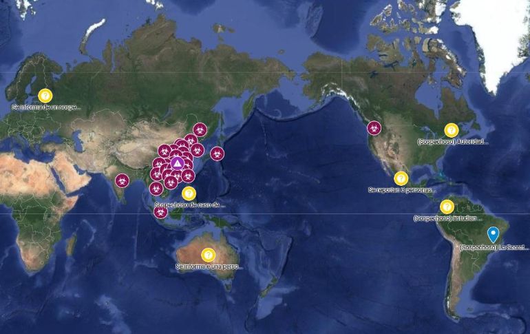 En color rojo Google muestra los casos comprobados de contagio en países como Singapur, Tailandia, Taiwán, Corea del Sur, Japón y Estados Unidos. ESPECIAL / Google.com