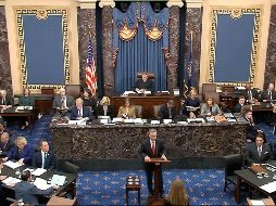 El abogado de la Casa Blanca, Pat Cipollone, habla durante los argumentos finales en el juicio político contra el presidente Donald Trump en el Senado. AP/Televisión del Senado