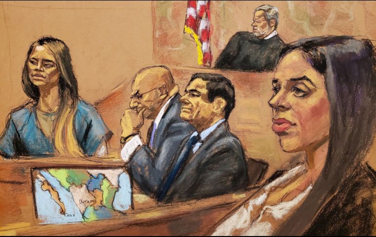 Dibujo de archivo donde aparece la ex diputada Lucero Guadalupe Sánchez (i), mientras rinde testimonio junto al narcotraficante Joaquín 