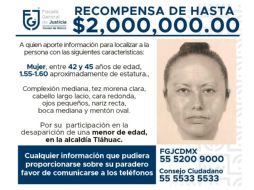 La Fiscalía ofrece una recompensa de dos millones de pesos a quien proporcione información que lleve a la captura de la mujer que el martes pasado se llevó a la niña de su escuela. TWITTER / @FiscaliaCDMX