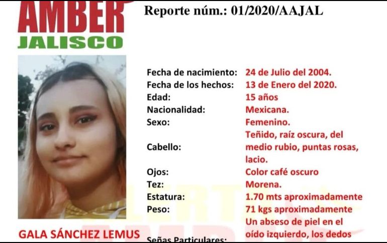 Gala Sánchez cuenta con una Alerta Amber desde el pasado 15 de enero.Twitter / @AAMBER_JAL