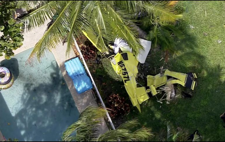 En las imágenes distribuidas por la Policía se observa un pequeño avión de color amarillo empotrado en una palmera y justo detrás de una piscina cercada. TWITTER/@BBPD