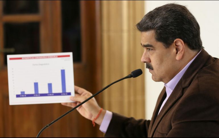 Fotografía que muestra al presidente de Venezuela, Nicolás Maduro, mientras participa en una reunión con miembros de su gabinete para mostrar los avances del coronavirus en el país. EFE/Prensa Miraflores