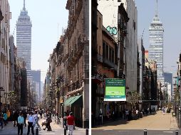 Aislamiento se nota. Combo de fotografías que muestra afluencia de personas, una el 22 de marzo del 2020 (i), y una este domingo (d), en la Calle de Madero, en Ciudad de México. EFE/J. Pazos