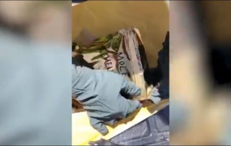 En el paquete había una bolsa de plástico color dorado, con la leyenda de ''mole almendrado'', la cual contenía una hierba seca con las características de la mariguana. TWITTER / @GN_MEXICO_