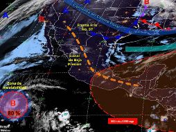 Localizado a mil 280 kilómetros al sur-suroeste de Cabo San Lucas, Baja California Sur, tiene 80% de probabilidad de desarrollo ciclónico en 48 horas. TWITTER / @conagua_clima