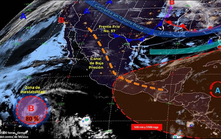 Localizado a mil 280 kilómetros al sur-suroeste de Cabo San Lucas, Baja California Sur, tiene 80% de probabilidad de desarrollo ciclónico en 48 horas. TWITTER / @conagua_clima