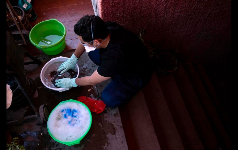 Antes de entrar a su casa, Alejandro Camacho lava la careta que usa en el hospital en tres tinas: una con jabón, otra con una solución de agua y cloro, y la de enjuagar. AFP/G. Arias