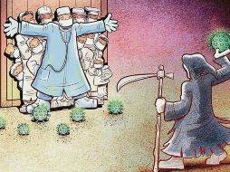 Ilustración. Una imagen donde se ve a un doctor proteger a sus pacientes del COVID-19. @alirezapakdel_artist
